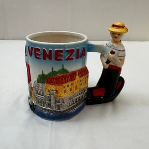 Venezia Italia 3D Relief Ceramic Souvenir Mug Gondolier Handle Venice Italy